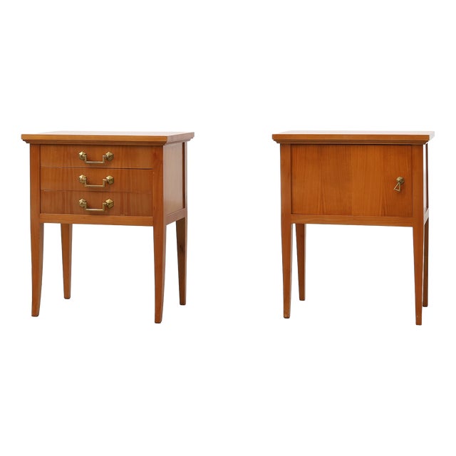 Mid-Century Bedside Tables with Brass Handles, France, 1950s, Set of 2 For Sale