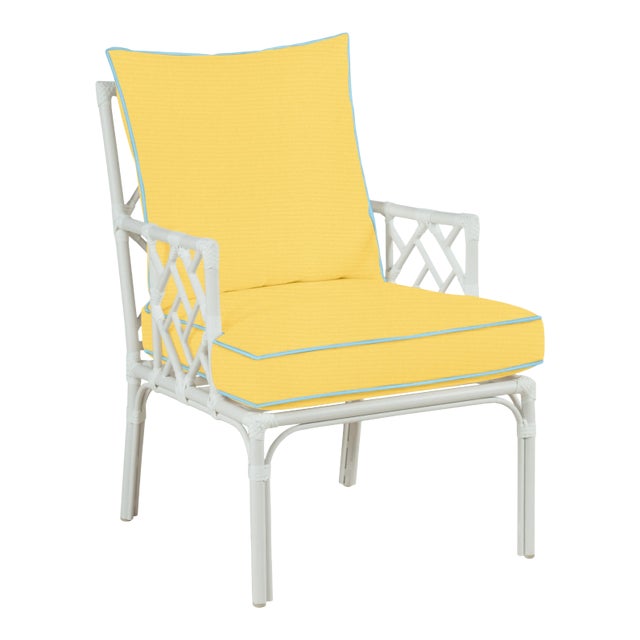 Haven Outdoor Occasional Arm Chair in Canvas Buttercup with Canvas Air Blue Welt For Sale