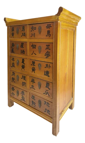 Vintage Chinese Apothecary Cabinet, Painted Calligraphy, 10 Drawers