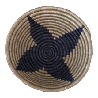 African Hand-Made Round Basket, 11.75 In. Diameter X 3.75 In. High, Natural and Black For Sale