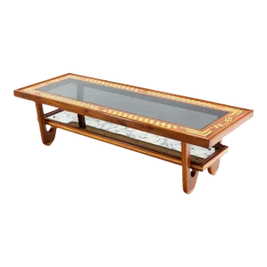 Walnut Hair Pin Leg Smoked Glass Marquetry Top Long Rectangle Coffee Table MINT