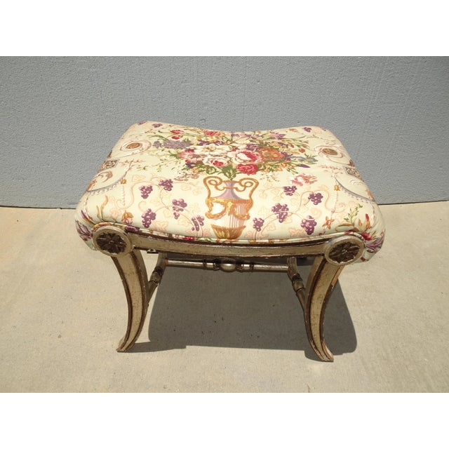 Vintage French Country Floral Bench w Silver Gilt Base 1 of 2 Gorgeous Bench in Good Vintage Condition. Solid and Firm....