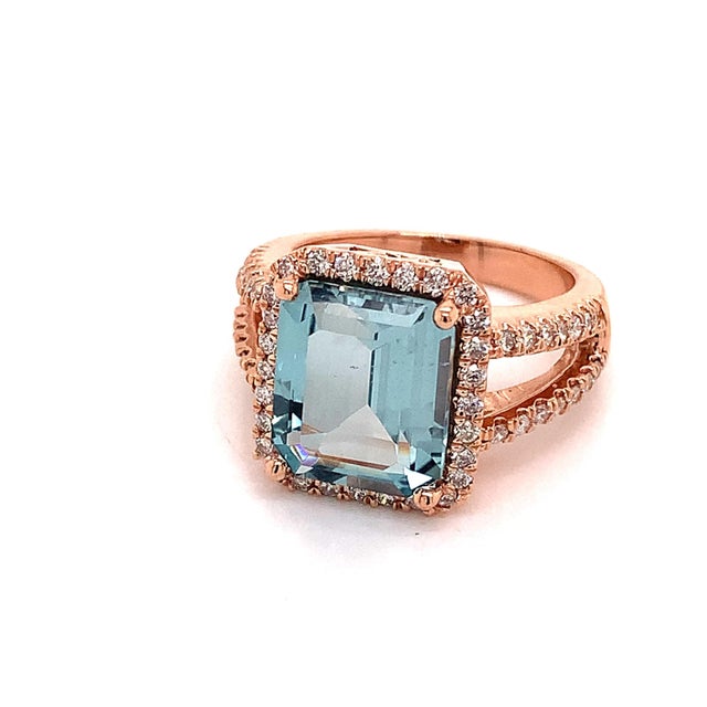Traditional Diamond Aquamarine Ring 14k Gold 6.25 TCW Certified For Sale - Image 3 of 13