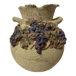 Vintage Large Sculptural Art Pottery Grape Motif Amphora Style Vase - Artist Signed For Sale