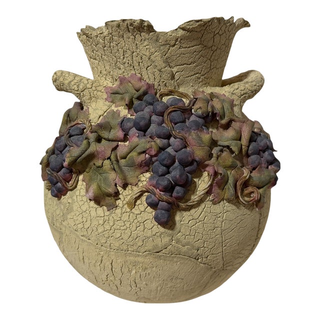 Vintage Large Sculptural Art Pottery Grape Motif Amphora Style Vase - Artist Signed For Sale