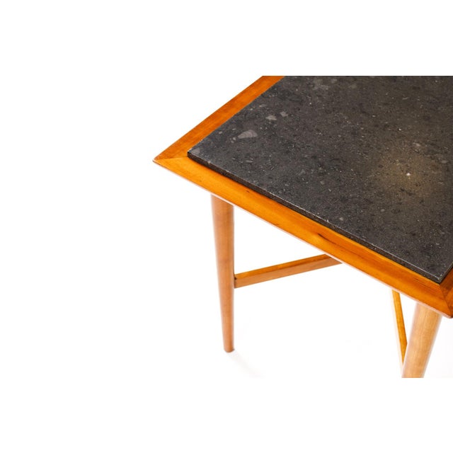 Mid Century Vintage Side / End Tables — Designed attributed to Milo Baughman - Manufactured by Fine Art Furniture Co— Cherry Frame + Slate — Pair For Sale - Image 9 of 10