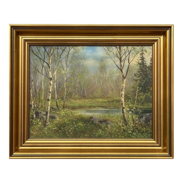 Forest Landscape in Scandinavia with Silver Birch Trees by Danish Artist 1945 Circa For Sale