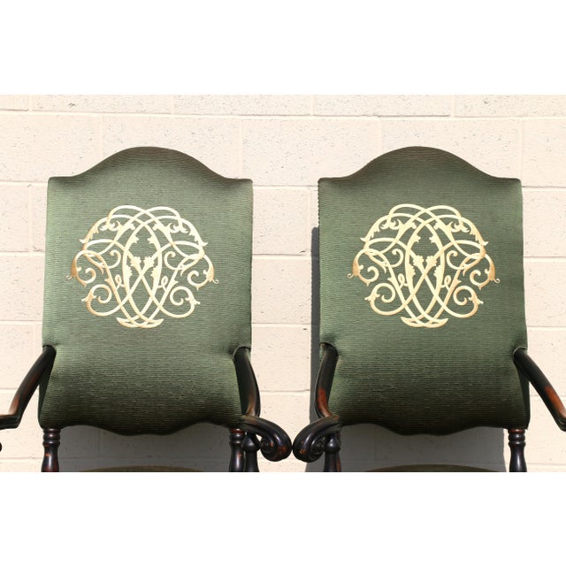 Pair of Antique High Back Throne Armchairs | Green Upholstery & Gold Monogram | Early 20th Century For Sale In Los Angeles - Image 6 of 18