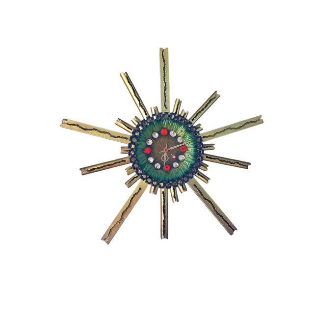 Blue Clock in Enameled Copper and Iron with Sunrays, 1950s For Sale - Image 8 of 8