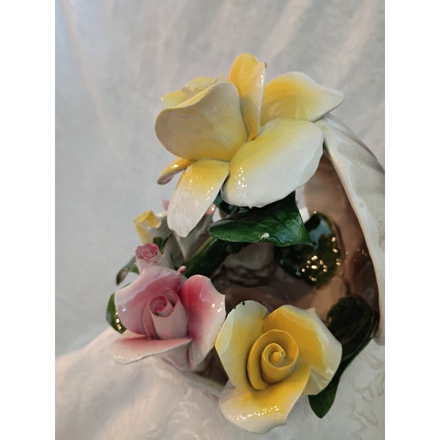 Ceramic Vintage Mid-20th Century Italian Capodimonte Porcelain Pink & Yellow Roses Clam Shell Centerpiece Figurine For Sale - Image 7 of 8