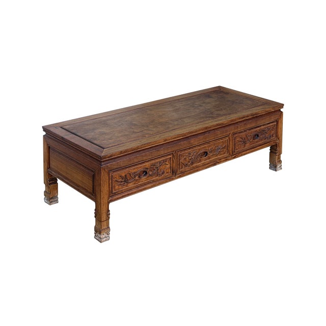 Rustic Vintage Natural Wood Pattern Rectangular Drawers Low Coffee Table For Sale - Image 3 of 13