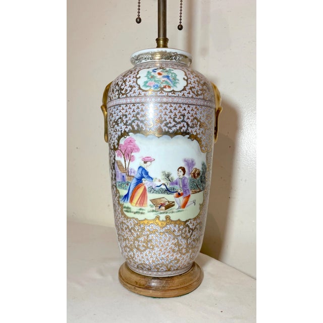 Chinese Antique Hand Painted Ornate Figural Porcelain Chinese Brass Electric Vase Lamp For Sale - Image 3 of 14