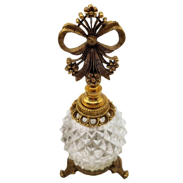 Hollywood Regency 1950 Hollywood Regency Matson Gold Gilt Floral & Glass Perfume Atomizer & Bottle For Sale - Image 3 of 11