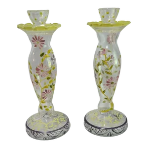 Pair of Vintage Hand Painted Floral Glass Fifth Avenue Taper Candlesticks Holders