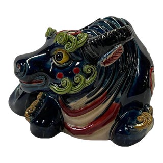 Navy Blue Small Ceramic Artistic Ox Buffalo Figure Display Art For Sale
