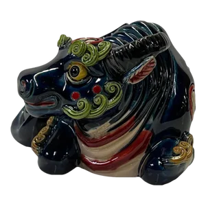 Navy Blue Small Ceramic Artistic Ox Buffalo Figure Display Art