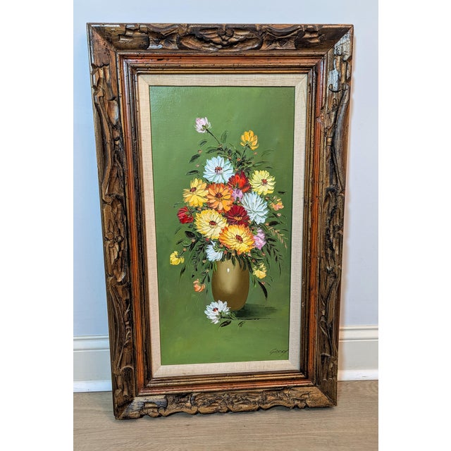 Mid-Century Vintage Impressionist Floral Still Life Painting Signed "Garry" – Framed For Sale - Image 4 of 9