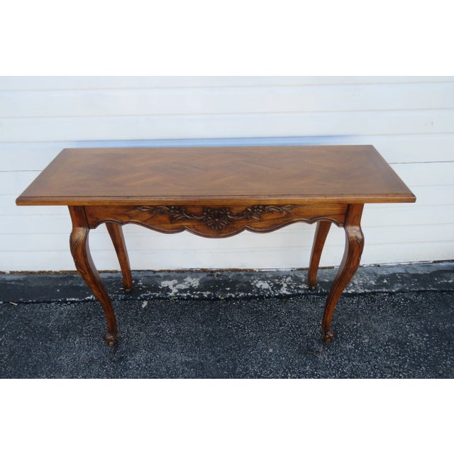 French Country Carved Oak Parquet Top Library Console Long Table For Sale - Image 13 of 13