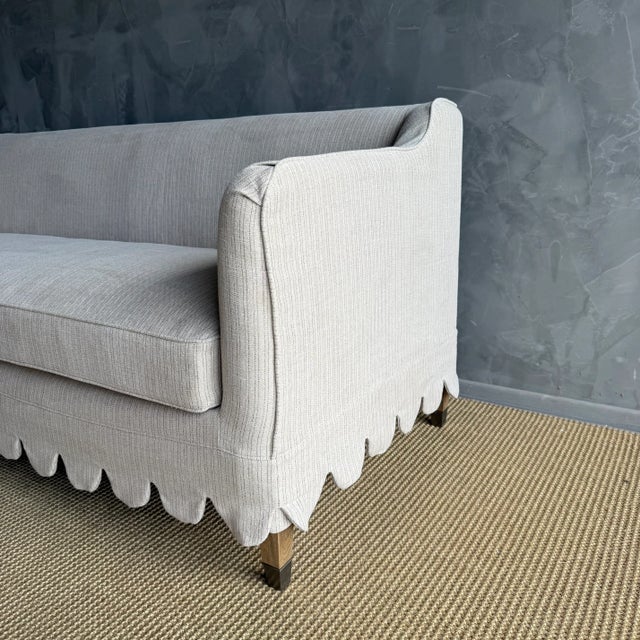 Madison Slip Covered Ticking Stripe Linen Sofa With Scallop Skirt Down Cushion For Sale - Image 4 of 10