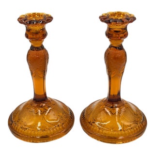 1960s Brockway Indiana Glass Large Tiara Amber Sandwich Candlesticks 9" Set For Sale