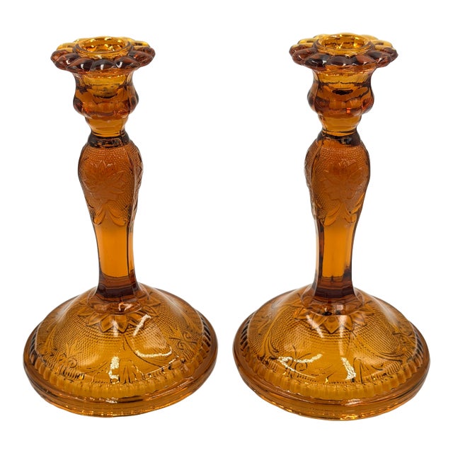 1960s Brockway Indiana Glass Large Tiara Amber Sandwich Candlesticks 9" Set For Sale