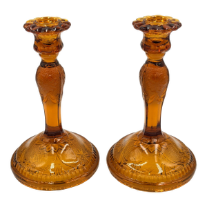 1960s Brockway Indiana Glass Large Tiara Amber Sandwich Candlesticks 9" Set