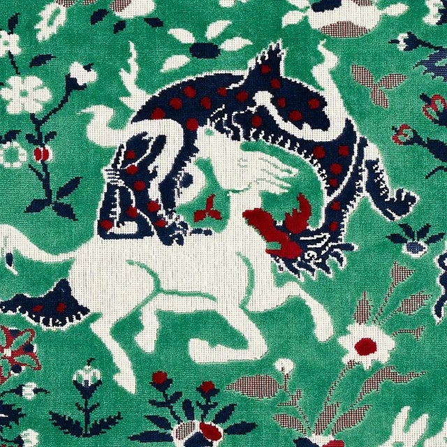 Fantastical creatures taken from a 16th-century rug roam across a landscape of colossal flowers. The varying heights of...