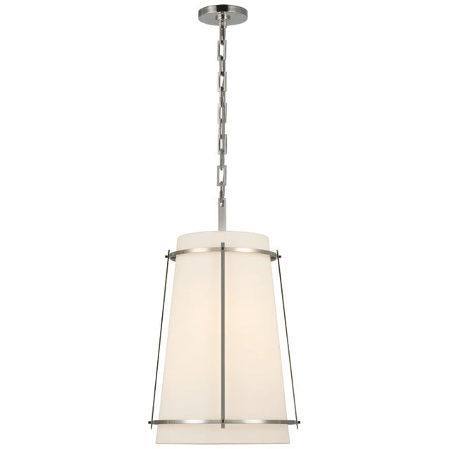 Carrier & Company for Visual Comfort Signature Callaway Medium Hanging Shade in Polished Nickel with Linen Shade & Frosted Acrylic Diffuser For Sale