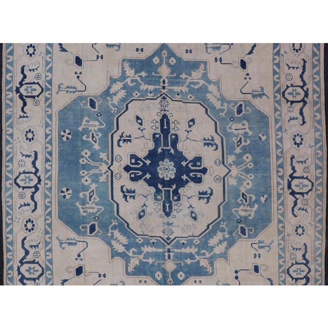Vintage Turkish Oushak Rug With Dark and Light Blue in Medallion Design For Sale - Image 4 of 12
