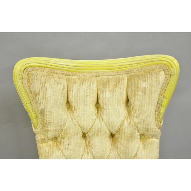 Hollywood Regency Vintage French Hollywood Regency Yellow Tufted Drape Carved Side Chairs - A Pair For Sale - Image 3 of 16