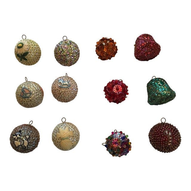 Mid 20th Century Vintage Handmade Beaded Christmas Ornaments - 12 Pieces For Sale