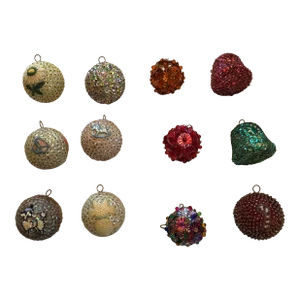 Mid 20th Century Vintage Handmade Beaded Christmas Ornaments - 12 Pieces