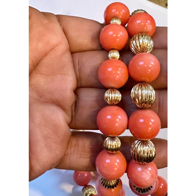 Arts & Crafts Signed Tiffany & Co. Vintage Natural Coral & Yellow Gold Bead Necklace, 38" Long For Sale - Image 3 of 18