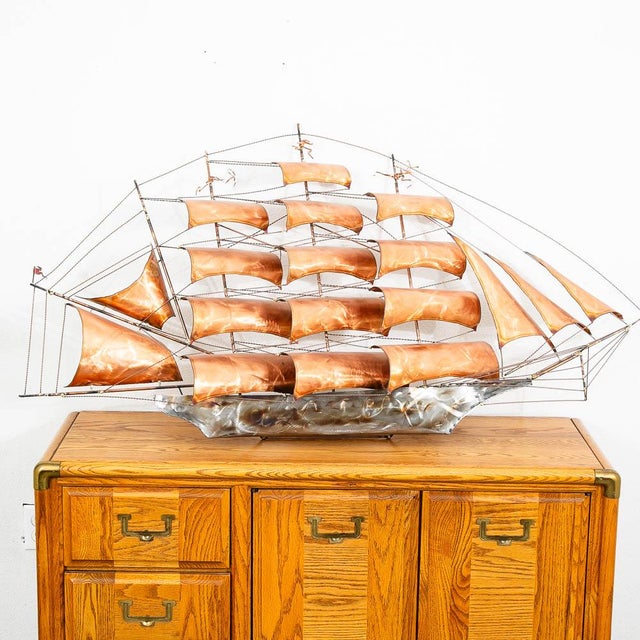 Mid Century Modern Wall Hanging Original Art Torched Brass Ship Boat Metal Large For Sale - Image 11 of 12