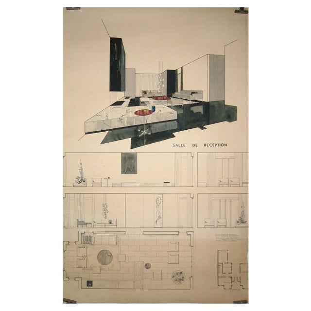 F. Janssens, Architectural Drawing of Reception Room, 1950s, Drawing on Paper For Sale