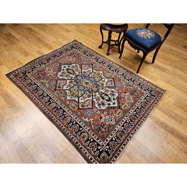 Vintage Persian Tabriz Area Rug, Hand-Knotted Wool, Heriz Geometric Pattern, Ivory & Red, 5x6 For Sale - Image 4 of 18