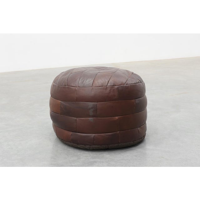 Mid-Century Modern Round Patchwork Leather Pouf, Switzerland, 1970s For Sale - Image 3 of 10