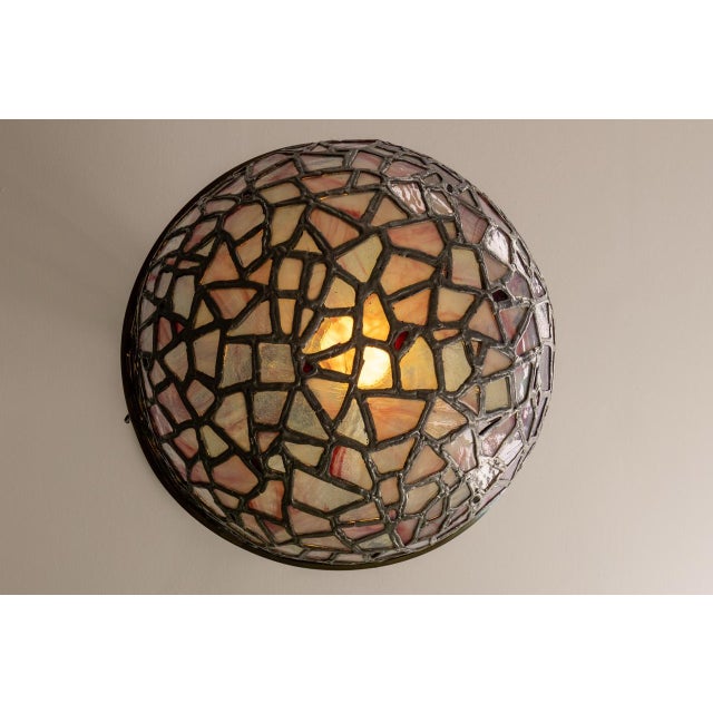 Metal Art Nouveau French Blue and Violet Stained Glass Pendant Light, 1920s For Sale - Image 7 of 18