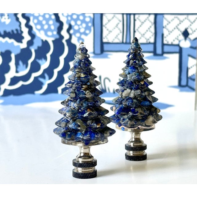 Lapis Lazuli Christmas Tree Lamp Finials - A Pair For Sale - Image 4 of 5