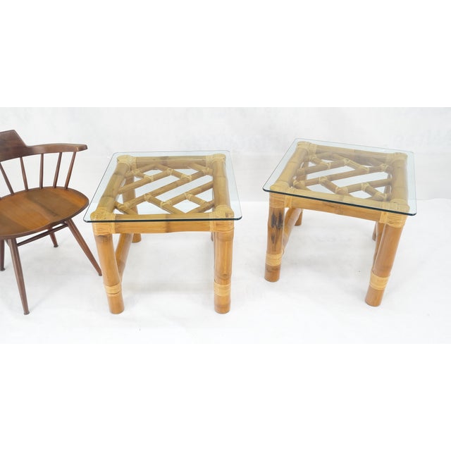 Pair Thick Bamboo Glass Top Rectangle Glass Top End Side Lamp Tables MINT For Sale - Image 14 of 18