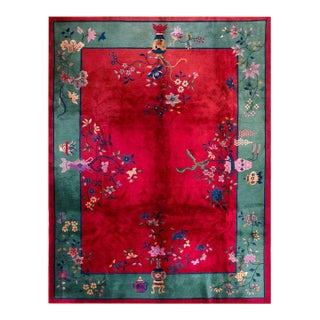 1920s Red Vase Floral Antique Chinese Art Deco Rug 9' X 11'9" Handknotted Wool Carpet For Sale