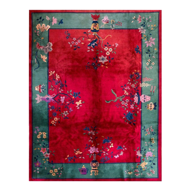 1920s Red Vase Floral Antique Chinese Art Deco Rug 9' X 11'9" Handknotted Wool Carpet For Sale
