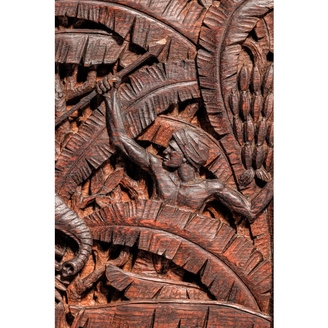 Fascinated Large Antique Colonial India Hand Carved Wood Plaque Anglo-Indian Elephant Tiger Safari Wall Panel British Raj Art Home Decor For Sale In New York - Image 6 of 16