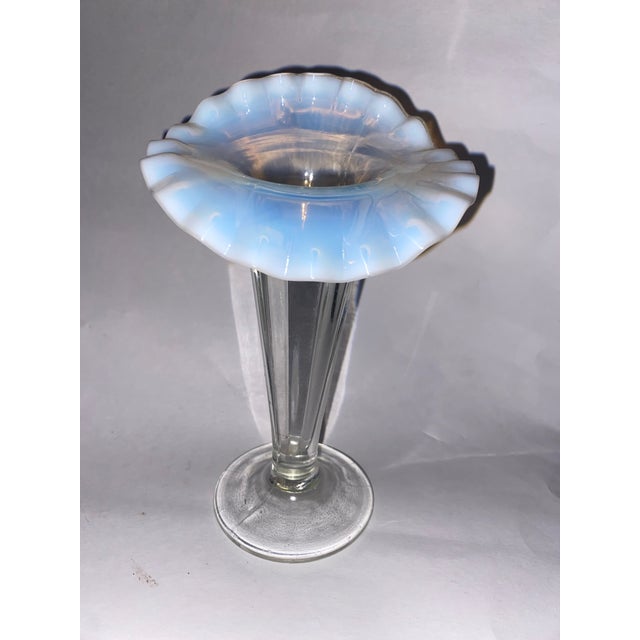 American Northwood Glass Opalescent Ruffled Vase With Clear Ribbed Stem. For Sale - Image 3 of 8
