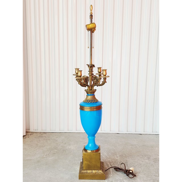 Late 19th Century Antique French Blue Opaline Glass & Bronze Candelabra Table Lamp For Sale - Image 5 of 14