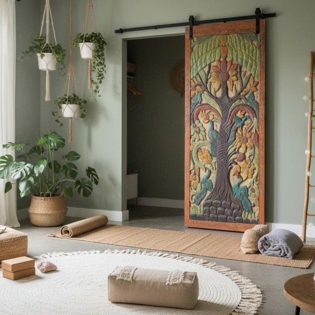 This vintage hand-carved wooden door panel features a vibrant Tree of Life motif, symbolizing growth, balance, and...