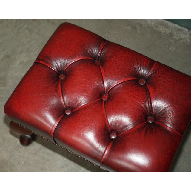 2000 - 2009 Antique Deep Buttoned Oxblood Leather and Hardwood Ottoman For Sale - Image 5 of 11
