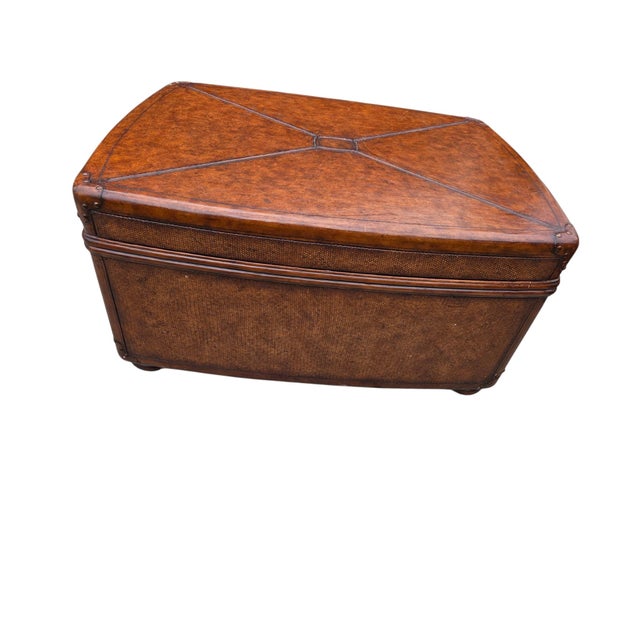 1990s Thomasville Leather Wrapped Rattan Coffee Table Trunk East Indies W/ Storage For Sale - Image 10 of 14