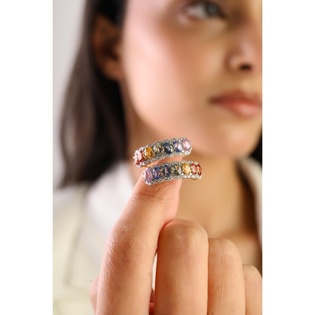 3.32 Carat Multi Sapphire & Diamond Cluster Cocktail Ring Size 5 in 14k Gold For Sale - Image 4 of 14