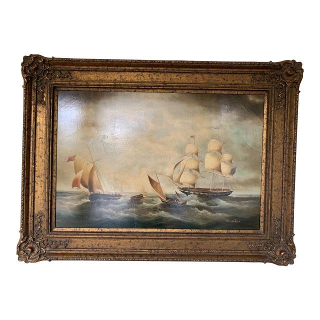 Mid 20th Century Oil Painting of Ships in a Storm For Sale